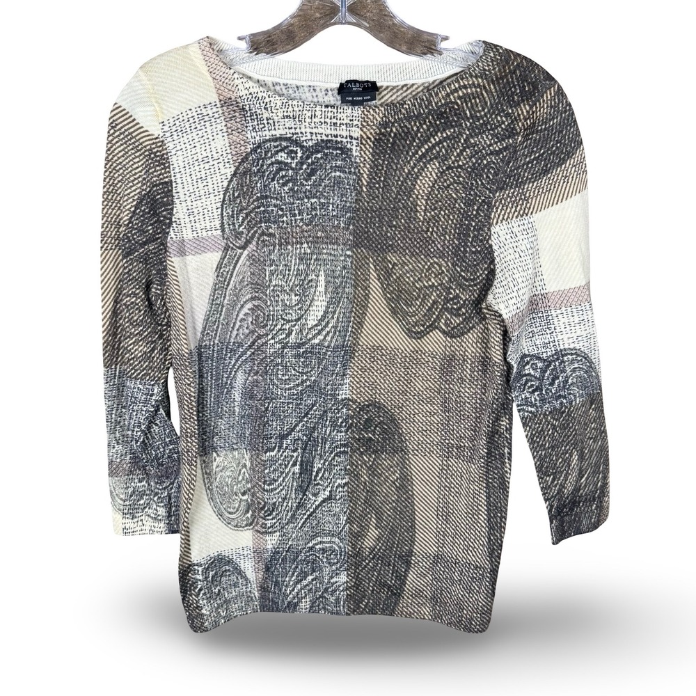Talbots Petites Pure Merino Wool Sweater Shirt Medium MP Paisley Plaid Boat Neck